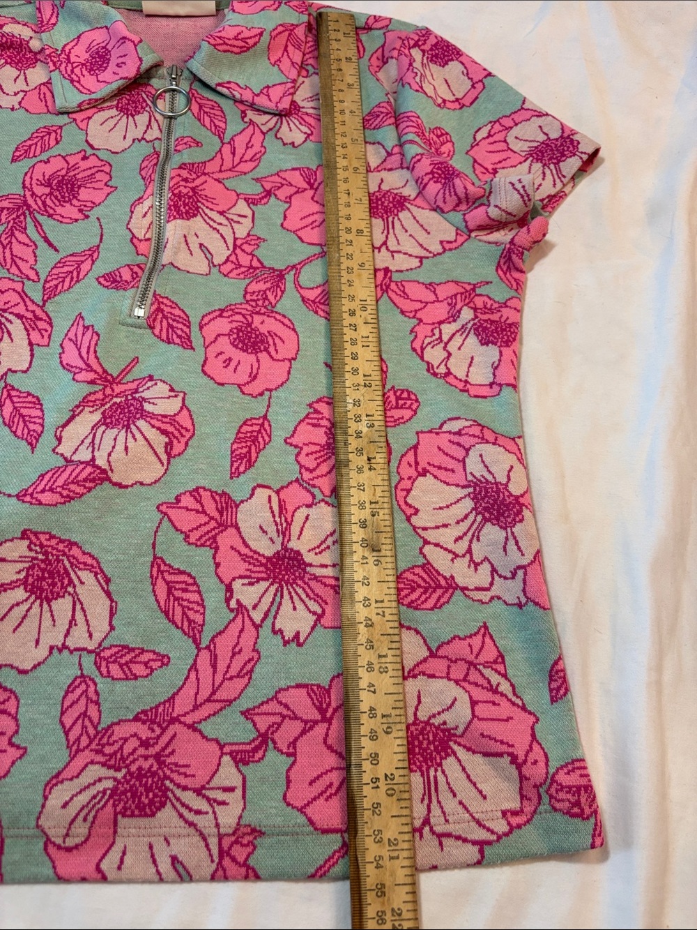 Maeve from Anthropologie Jacquard Floral Zip Polo Top in Pink and Mint, SZ Med. - Picture 3 of 8